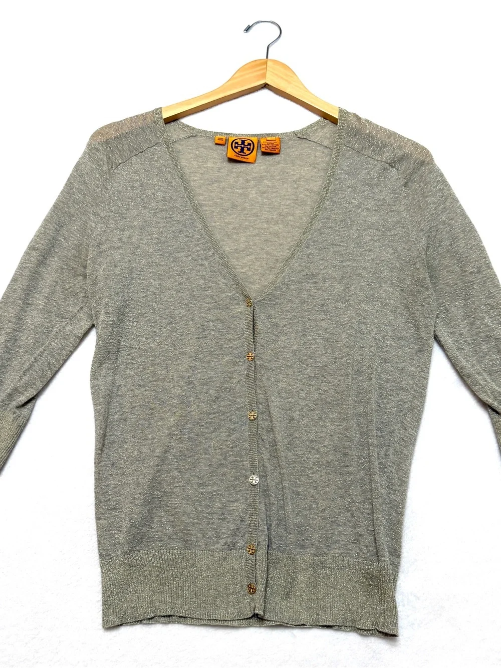 Tory Burch sz S Cardigan Lightweight Knit Sweater Gold Logo Buttons Metallic